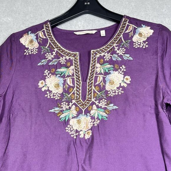 Soft Surroundings Top S Purple Tunic Embroidered Floral Metallic Beaded Boho - Picture 3 of 13